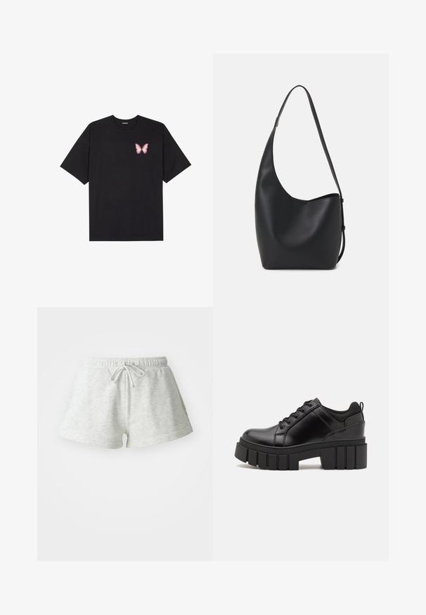 Zwarte katoenen t-shirt met korte mouwen, voorzien van een kleine roze vlinder graphic op de linkerkant van de borst. Crew neck ontwerp met een relaxte fit.; Lichtgrijze katoenen shorts met een trekkoord in de taille, voorzien van een zachte textuur en een relaxte pasvorm, die eindigen net boven de bovenbenen.; Zwarte leren platform schoenen met een stevige blokhak, ronde neus en een traditionele vetersluiting. Kenmerkt zich door een gladde textuur en minimale details.; Zwarte leren hobo tas met een gladde textuur, kromme vorm en een enkele verstelbare schouderband; heeft een brede opening aan de bovenkant.