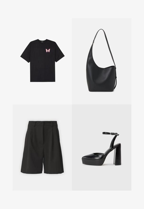 Tricou negru din bumbac cu mâneci scurte, având pe partea stângă a pieptului un mic grafic cu un fluture roz. Design cu guler rotund și croială lejeră.; Pantaloni scurți negri cu un design croit, având pliseuri în față, un brâu lat și o textura netedă. Fără buzunare vizibile.; Pantofi cu toc platformă negri, cu vârful ascuțit și curea reglabilă la gleznă. Confecționați din piele netedă, având un toc gros.; Geantă hobo din piele neagră, cu o textură netedă, formă curbată și un singur bretele ajustabil; are o deschidere largă în partea de sus.