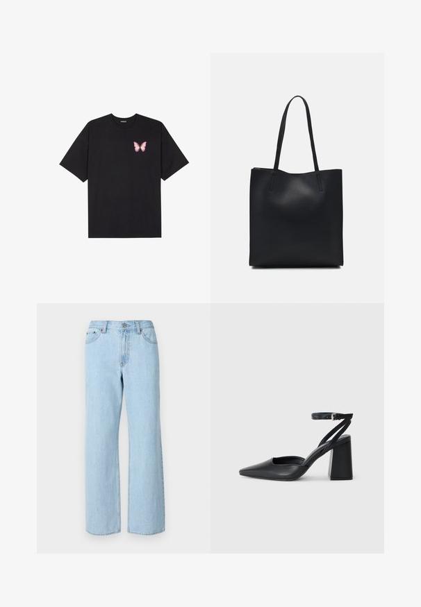 Black cotton t-shirt with short sleeves, featuring a small pink butterfly graphic on the left chest. Crew neck design with a relaxed fit.; Light blue denim wide-leg jeans with five pockets, a button closure, and belt loops. Features a soft texture with subtle faded areas.; Black leather pointy-toe pump with an ankle strap and a chunky heel. Flat texture, sleek design, and minimalistic aesthetics.; Black leather tote bag with smooth texture, rectangular shape, and two long handles. No visible hardware or embellishments.