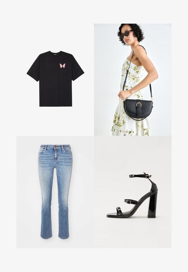 Juodas medvilnės marškinėliai trumpomis rankovėmis, su maža rožine drugelio grafika kairėje krūtinės pusėje. Apvalus kaklo iškirpimas, laisvas kirpimas.; Mėlynos džinsinės kelnės su štai slim bootcut forma. Išblukusi skalbimo spalva, penki kišenės ir vario mygtukas ant juosmens. Tiesus apvadas.; Juodos patentuotos aukštakulnės basutės su dviem sagtelėmis, kvadratine nosimi ir stambiu blokiniu kulnu, pasižyminčios lygiu, blizgiu paviršiumi.; Juodas odinis krepšys su išlenkta forma, nuimamu dirželiu ir auksiniais detalėmis. Krepšys turi kilpą su sagtimi.