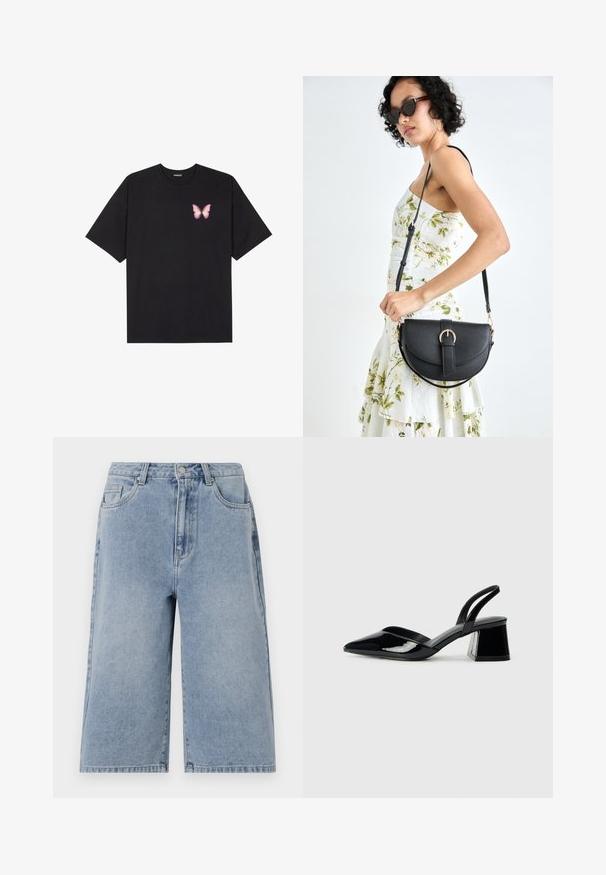 T-shirt de algodão preto com mangas curtas, apresentando um pequeno gráfico de borboleta rosa no lado esquerdo do peito. Design de gola redonda com um corte solto.; Calções de ganga de um azul claro com um corte solto, cintura média e costura visível. Apresenta bolsos laterais e traseiros, e um fecho de botão.; Sandy em verniz preto com salto slingback, ponta afilada e salto geométrico. Apresenta um design elegante e minimalista com textura suave.; Bolsa de couro preta com forma curva, alça destacável e detalhes em dourado. A bolsa possui uma aba com detalhe de fivela.