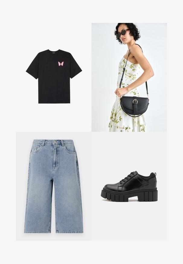 Camiseta de algodón negra de manga corta, con un pequeño gráfico de mariposa rosa en el lado izquierdo del pecho. Diseño de cuello redondo con un corte relajado.; Pantalones cortos de mezclilla de color azul claro con un ajuste holgado, cintura media y costuras visibles. Incluye bolsillos laterales y traseros, y cierre de botón.; Zapatos de plataforma de cuero negro con un tacón cuadrado grueso, punta redonda y diseño tradicional de cordones. Presenta una textura suave y un detalle minimalista.; Bolso de piel negra con forma curva, correa desmontable y herrajes dorados. El bolso cuenta con una solapa con un detalle de hebilla.