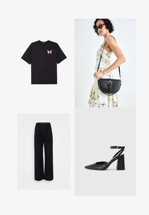 Svart bomulls T-skjorte med korte ermer, med en liten rosa sommerfugl grafikk på venstre bryst. Crew-neck design med en avslappet passform.; Svart vide ben-bukser laget av et lett materiale, med plisserte fronter, høy midje og løs passform for komfort.; Svart lær pumps med spiss tå, ankelrem og kraftig hæl. Flat tekstur, strømlinjeformet design og minimalisme.; Svart lærveske med en buet form, avtagbar stropp og gullbeslag. Vesken har et klaff med spenne-detall.