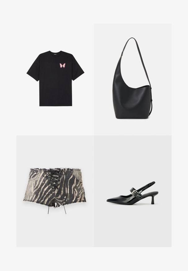 Black cotton t-shirt with short sleeves, featuring a small pink butterfly graphic on the left chest. Crew neck design with a relaxed fit.; Denim shorts with a black and beige zebra print, featuring a lace-up front, frayed hem, and pockets on each side.; Black patent leather slingback heels with a pointed toe and a small block heel, featuring a silver buckle accent on the strap.; Black leather hobo bag with a smooth texture, curved shape, and single adjustable strap; features a wide opening at the top.