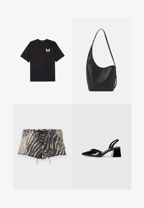 Musta puuvillapaita lyhyillä hihoilla, jossa on pieni vaaleanpunainen perhosgrafiikka vasemmassa rinnassa. Pyöreä kaula-aukko ja rento istuvuus.; Farkkushortsit musta-beige viidakon raidallisuudella, joissa on nauhakiristysulkija edessä, reikäinen helma ja taskut kummallakin puolella.; Mustat patentoitu nahkakengät, joissa on säären takaosa ja terävä kärki, sekä geometrinen palikkakorko. Sisältää tyylikkään, minimalistisen muotoilun ja sileän pinnan.; Musta nahkainen hobo-laukku, jossa on sileä pinta, kaareva muoto ja yksi säädettävä olkahihna; sisäänkäynti on leveä ylhäältä.