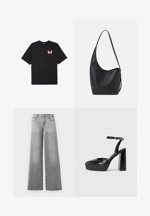 Black cotton t-shirt with short sleeves, featuring a small pink butterfly graphic on the left chest. Crew neck design with a relaxed fit.; Gray wide-leg jeans made of denim, featuring five pockets, a high waist, and a slightly faded finish with visible stitching.; Black platform heels with a pointed toe and adjustable ankle strap. Constructed from smooth leather, featuring a chunky block heel.; Black leather hobo bag with a smooth texture, curved shape, and single adjustable strap; features a wide opening at the top.