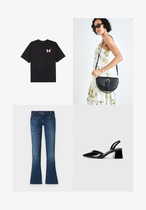 Black cotton t-shirt with short sleeves, featuring a small pink butterfly graphic on the left chest. Crew neck design with a relaxed fit.; Blue denim jeans with a slightly flared leg, front button closure, pockets, and subtle faded detailing on thighs and knees.; Black patent leather slingback heels with a pointed toe and a geometric block heel. Features a sleek, minimal design and smooth texture.; Black leather handbag with a curved shape, detachable strap, and gold hardware. The bag features a flap with a buckle detail.