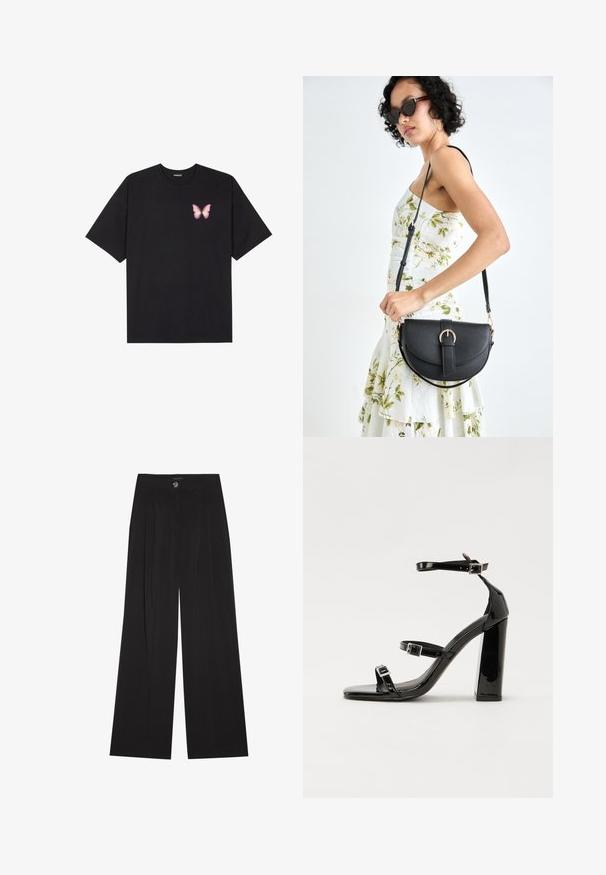 Zwarte katoenen t-shirt met korte mouwen, voorzien van een kleine roze vlinder graphic op de linkerkant van de borst. Crew neck ontwerp met een relaxte fit.; Zwarte wijde pantalon met plooien, voorzien van een knoopsluiting en twee zijzakken; een gladde textuur met een taillerdesign.; Zwarte gepatenteerde sandalen met hak en een vierkante neus, enkelbandjes en zilveren gespen. Heeft een stevige blokhak voor stabiliteit.; Zwarte leren handtas met een gebogen vorm, afneembare schouderband en gouden hardware. De tas heeft een klep met een gespsluiting.