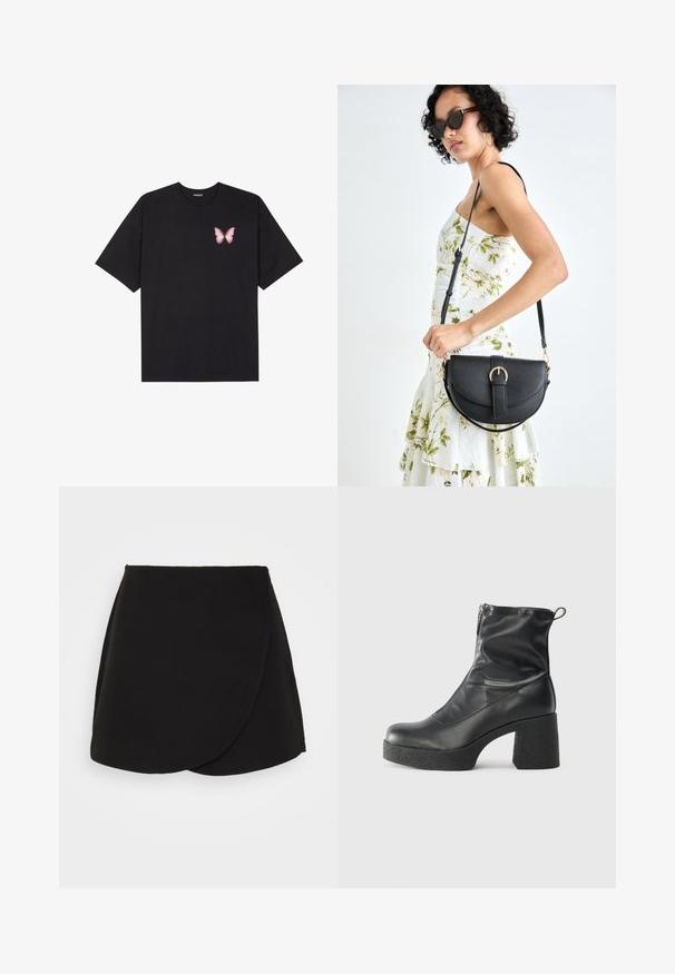 Musta puuvillapaita lyhyillä hihoilla, jossa on pieni vaaleanpunainen perhosgrafiikka vasemmassa rinnassa. Pyöreä kaula-aukko ja rento istuvuus.; Musta käärepuku, jossa on sileä pinta, kaareva helma ja huomaamattomia ompelutuksia. Suunniteltu myötäilevää siluettia varten.; Mustat nilkkurit, jotka on valmistettu sileästä nahasta. Niissä on sivuvetoketju, paksu teksturoitu korko ja pyöristetty kärki.; Musta nahkainen käsilaukku, joka on kaareva muotoilultaan, irrotettavalla hihnalla ja kultaisilla yksityiskohdilla. Laukussa on läppä, jossa on solk yksityiskohta.