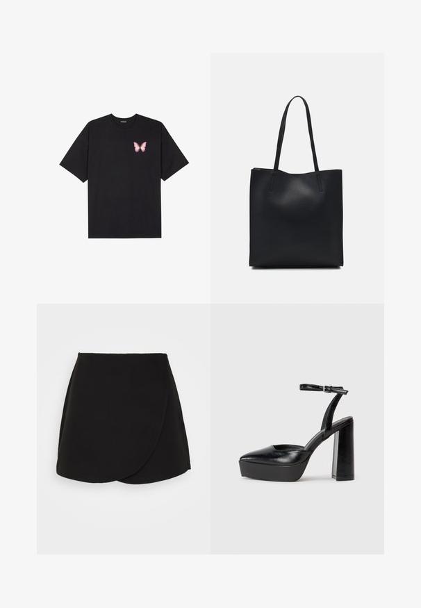 Čierne bavlnené tričko s krátkymi rukávmi, s malým ružovým motýlikom na ľavej hrudi. Design s okrúhlym výstrihom a uvoľneným strihom.; Čierna zavinovacia sukňa s hladkou textúrou, s zakriveným lemom a diskrétnymi švy. Navrhnutá pre priliehavý strih.; Čierne platformové podpätky so špicatou špičkou a nastaviteľným členkovým remienkom. Vyrobené z hladkej kože a so robustným blokovým podpätkom.; Čierna kožená taška na rameno s hladkým povrchom, obdĺžnikovým tvarom a dvoma dlhými uchami. Bez viditeľného kovania alebo ozdôb.