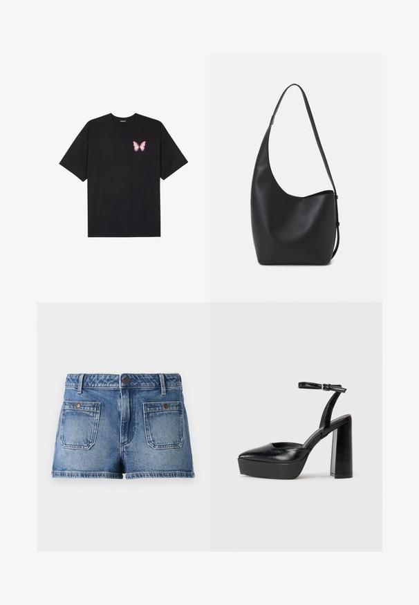 Musta puuvillapaita lyhyillä hihoilla, jossa on pieni vaaleanpunainen perhosgrafiikka vasemmassa rinnassa. Pyöreä kaula-aukko ja rento istuvuus.; Vaaleansiniset denim-shortsit, joissa on kulunut viimeistely, viiden taskun muotoilu, kaksi etutaskua, kaksi takataskua ja napillinen vyötärö.; Mustat korkeat platform-kengät, joissa on terävä kärki ja säädettävä nilkkaremmi. Valmistettu sileästä nahasta ja varustettu paksulla lohkokorkeudella.; Musta nahkainen hobo-laukku, jossa on sileä pinta, kaareva muoto ja yksi säädettävä olkahihna; sisäänkäynti on leveä ylhäältä.