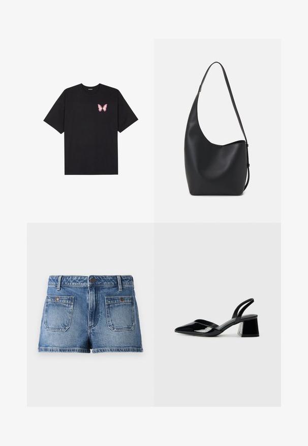 Crna pamučna majica s kratkim rukavima, s malim grafičkim prikazom ružičaste vjetricaste s desne strane na prsima. Dizajn s okruglim izrezom i opuštenim krojem.; Traper šorts u svijetloplavoj boji s izblijedjelim učinkom, dizajn s pet džepova, dva prednja džepa, dva stražnja džepa i pojas s gumbom.; Crne lakirane kožne sandale s otvorenom petom i špicastim vrhom, s geometrijskom blok petom. Imaju elegantan, minimalistički dizajn i glatku teksturu.; Crna kožna hobo torba s glatkom teksturom, zakrivljenim oblikom i jednom podesivom trakicom; ima širok otvor na vrhu.
