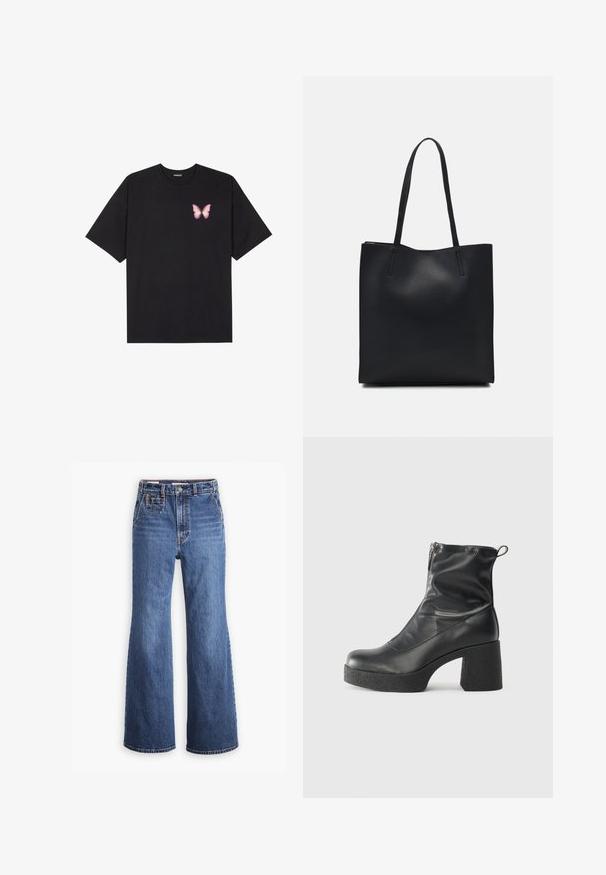 Črna bombažna majica s kratkimi rokavi, ki ima majhen roza metuljček na levi strani prsnega dela. Majica s krožnim ovratnikom in sproščenim krojem.; Visoko pasu modri jeans z širokimi nogavicami, z sprednjim žepom, zapiranjem na medeninasti gumb in kontrastnim šivom.; Črne gležnjarje iz gladke kože z božnim zadrgo, masivnim teksturiranim peto in zaobljeno obliko prstov.; Črna usnjena torba s svilnato teksturo, pravokotne oblike in dvema dolgima ročajema. Brez vidnih metalnih delov ali okrasnih elementov.
