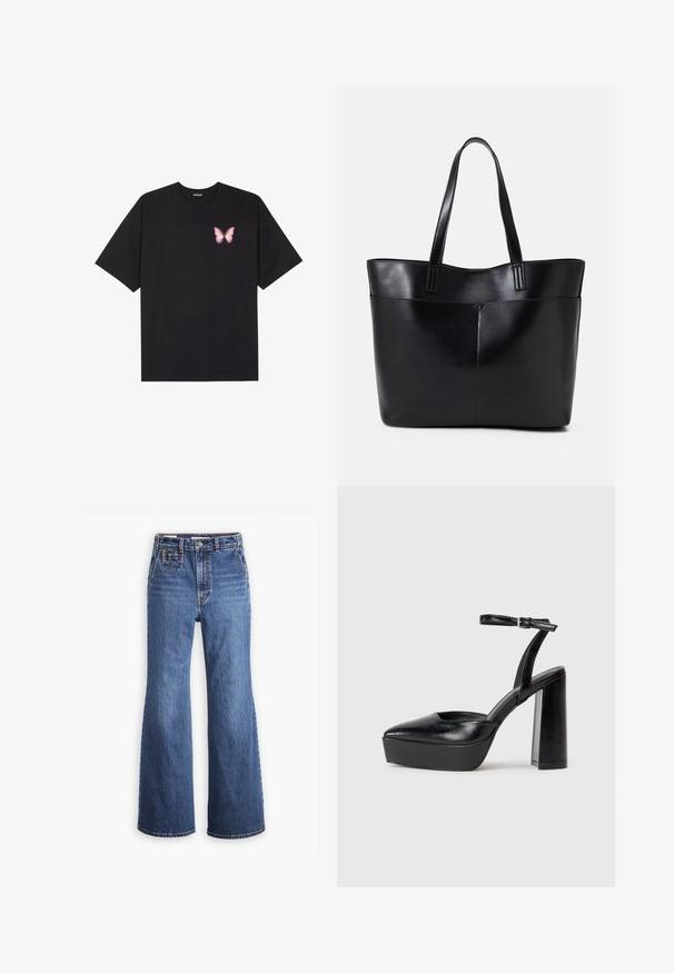 T-shirt de algodão preto com mangas curtas, apresentando um pequeno gráfico de borboleta rosa no lado esquerdo do peito. Design de gola redonda com um corte solto.; Jeans de denim azul de cintura alta com um design de perna larga, apresentando um bolso frontal, fecho de botão de latão e costura em contraste.; Saltos altos pretos com bico fino e atilho ajustável no tornozelo. Confeccionados em couro suave, apresentam um salto bloco robusto.; Bolsa tote preta em couro com duas alças longas, textura suave e forma estruturada. Apresenta um bolso frontal para armazenamento adicional.