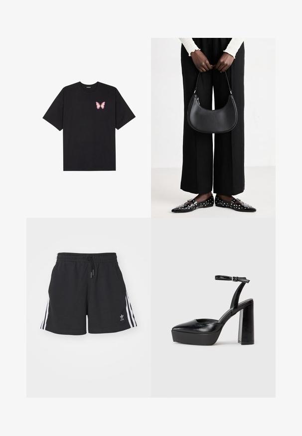 T-shirt de algodão preto com mangas curtas, apresentando um pequeno gráfico de borboleta rosa no lado esquerdo do peito. Design de gola redonda com um corte solto.; Calções atléticos pretos feitos de uma mistura de algodão, com riscas laterais brancas, cintura elástica com cordão e pequeno logo na bainha.; Saltos altos pretos com bico fino e atilho ajustável no tornozelo. Confeccionados em couro suave, apresentam um salto bloco robusto.; Bolsa de ombro de couro preta com forma arredondada, acabamento brilhante e ferragens prateadas. Pessoa vestindo calças largas pretas e mocassins com tachas.