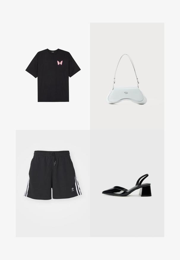 T-shirt de algodão preto com mangas curtas, apresentando um pequeno gráfico de borboleta rosa no lado esquerdo do peito. Design de gola redonda com um corte solto.; Calções atléticos pretos feitos de uma mistura de algodão, com riscas laterais brancas, cintura elástica com cordão e pequeno logo na bainha.; Sandy em verniz preto com salto slingback, ponta afilada e salto geométrico. Apresenta um design elegante e minimalista com textura suave.; Bolsa de ombro em couro patente branco com um design curvado, ferragens prateadas e um discreto destaque do logo na frente. Alça ajustável incluída.