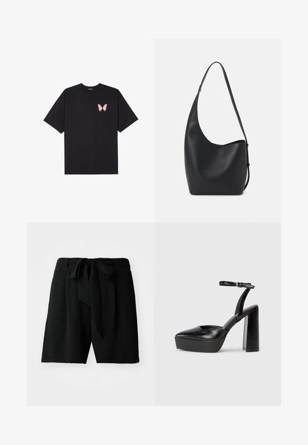 T-shirt de algodão preto com mangas curtas, apresentando um pequeno gráfico de borboleta rosa no lado esquerdo do peito. Design de gola redonda com um corte solto.; Calções pretos feitos de tecido texturizado, com um fecho de atar na cintura e um corte descontraído, alcançando a meio da coxa em comprimento.; Saltos altos pretos com bico fino e atilho ajustável no tornozelo. Confeccionados em couro suave, apresentam um salto bloco robusto.; Saco hobo preto em pele com uma textura lisa, forma curva e uma única alça ajustável; apresenta uma abertura larga na parte de cima.