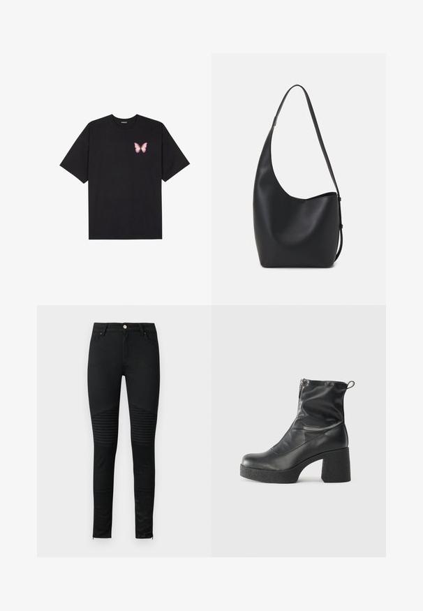 T-shirt de algodão preto com mangas curtas, apresentando um pequeno gráfico de borboleta rosa no lado esquerdo do peito. Design de gola redonda com um corte solto.; Calças de ganga skinny pretas com uma textura de ganga lisa, detalhes em relevo nos joelhos e punhos com fechos de correr para um design ajustado.; Botas de tornozelo pretas feitas de couro liso, com fecho lateral, salto grosso texturizado e design de bico arredondado.; Saco hobo preto em pele com uma textura lisa, forma curva e uma única alça ajustável; apresenta uma abertura larga na parte de cima.