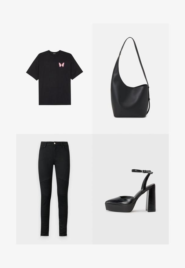 Čierne bavlnené tričko s krátkymi rukávmi, s malým ružovým motýlikom na ľavej hrudi. Design s okrúhlym výstrihom a uvoľneným strihom.; Čierne skinny jeans s hladkou denim textúrou, prešívanými akcentmi na kolenách a zipsovými manžetami pre priliehavý dizajn.; Čierne platformové podpätky so špicatou špičkou a nastaviteľným členkovým remienkom. Vyrobené z hladkej kože a so robustným blokovým podpätkom.; Čierna kožená hobo taška so hladkou textúrou, zakriveným tvarom a jedným nastaviteľným popruhom; má široké otvorenie na vrchu.