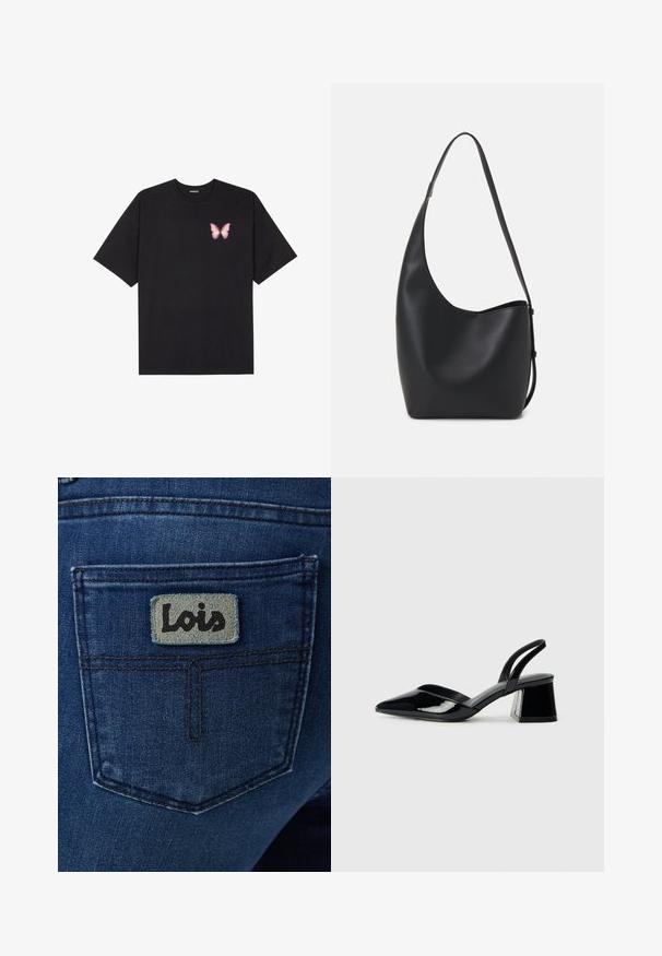 Črna bombažna majica s kratkimi rokavi, ki ima majhen roza metuljček na levi strani prsnega dela. Majica s krožnim ovratnikom in sproščenim krojem.; Temno modre kavbojke iz jeansa z zadnjim žepom, na katerem je svetlo modra kvadratna nalepka z napisom "Lois" v črnem pisavnem slogu.; Črne lakirane slingback pete s koničastim nosom in geometrijsko blokasto peto. Imajo eleganten, minimalističen dizajn in gladko teksturo.; Črna usnjena hobo torba z gladko teksturo, ukrivljeno obliko in eno nastavljivo naramnico; ima širok odprtina na vrhu.