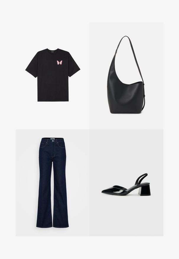 Crna pamučna majica s kratkim rukavima, s malim grafičkim prikazom ružičaste vjetricaste s desne strane na prsima. Dizajn s okruglim izrezom i opuštenim krojem.; ONLY Tall ONLJUICY WIDE RINSE - Široke nogavice - dark blue denim; Crne lakirane kožne sandale s otvorenom petom i špicastim vrhom, s geometrijskom blok petom. Imaju elegantan, minimalistički dizajn i glatku teksturu.; Crna kožna hobo torba s glatkom teksturom, zakrivljenim oblikom i jednom podesivom trakicom; ima širok otvor na vrhu.