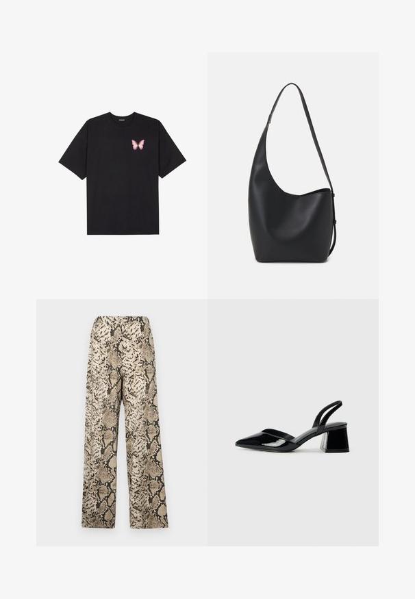 Fekete pamut póló rövid ujjakkal, bal mellkason egy kis rózsaszín pillangó grafikával. Kerek nyakú kialakítás, laza fazonnal.; Széles szárú nadrág bézs és fekete kígyóbőr mintával. Az anyag sima, könnyű textúrájú. Gumi derékpánt.; Fekete lakk bőr szandálkés magas sarkú cipő, hegyes orral és geometrikus tömbsarkakkal. Karcsú, minimalista dizájn és sima textúra jellemzi.; Fekete bőr hobo táska sima textúrával, ívelt formával és egyetlen állítható pánttal; széles nyílás található a tetején.