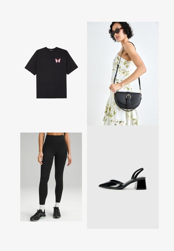 Must muströöpidega must puuvillane T-särk, vasakul rinnal on väike roosa liblikas. Ümar kaelus ja vabalt istuv lõige.; Mustad kõrge talje joogapüksid, mis on valmistatud venivast materjalist, omades elegantset disaini, sujuvat tekstuuri ja peent külgedetaili. Koos mustade spordijalanõudega.; Mustad musta lakknahk kingad, millel on terav varvas ja geomeetriline plokkkonts. Omab elegantselt minimalistlikku disaini ja sujuvat tekstuuri.; Mustmust mustraha kõverate joontega, eemaldatava rihmaga ja kuldsete detailidega. Kotil on klapp, millel on pandladetail.