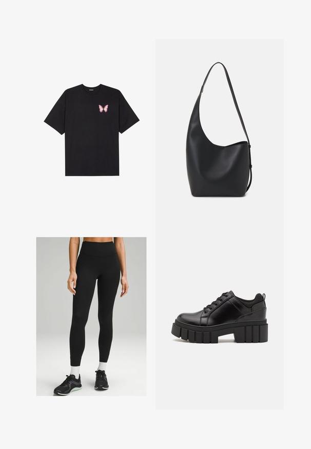 Sort bomulds T-shirt med korte ærmer, prydet med en lille pink sommerfugl grafik på venstre bryst. Rund hals design med en afslappet pasform.; Sorte højtaljede leggings lavet af strækbart materiale, med et elegant design, glat tekstur og subtil sidelæring. Sammen med sorte sportssko.; Sorte læder platform sko med en klodset blokhæl, rund tå og traditionelt snøredesign. Har en glat tekstur og minimal detaljering.; Sort læder hobo taske med en glat overflade, buet form og en enkelt justerbar rem; har en bred åbning øverst.