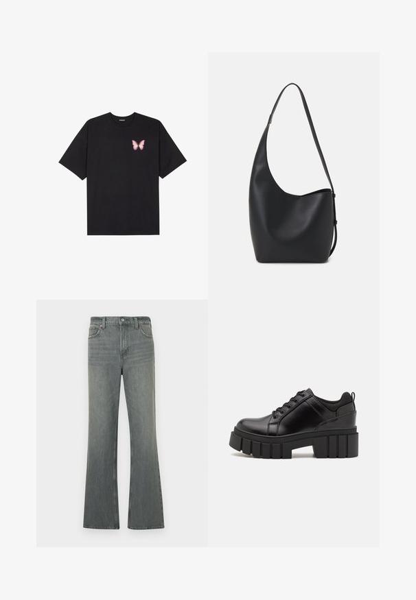 Juodas medvilnės marškinėliai trumpomis rankovėmis, su maža rožine drugelio grafika kairėje krūtinės pusėje. Apvalus kaklo iškirpimas, laisvas kirpimas.; Pilkos spalvos aukštu liemeniu tiesaus kirpimo džinsai su mygtukais ir užtrauktuku, priekinėmis kišenėmis ir diržo kilpomis.; Juodi odiniai platformos batai su masyviu blokuota kulniuku, apvalia nosimi ir tradiciniu šnypštimo dizainu. Turintys glotnų paviršių ir minimalų dekoravimą.; Juodas odinis hobo maišas su lygiu paviršiumi, kreipta forma ir viena reguliuojama rankena; turi platų atidarymą viršuje.