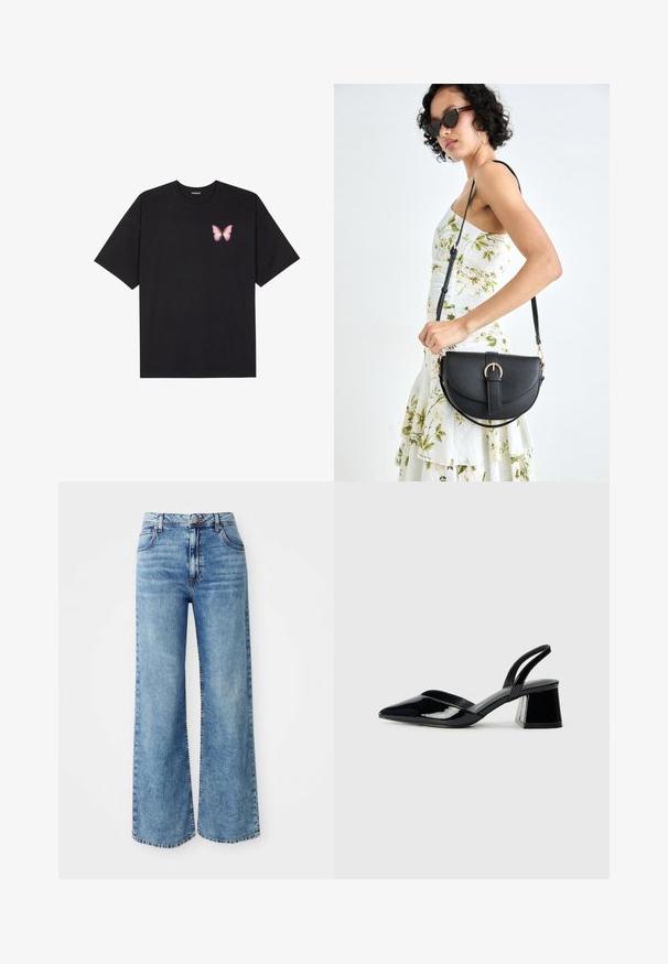 Svart bomullströja med korta ärmar, med en liten rosa fjärilsgrafik på vänster bröst. Rundad halsdesign med en avslappnad passform.; Ljusblå denimbyxor med vida ben och hög midja, med fem fickor, knappstängning högst upp och kontrasterande sömmar längs kanterna.; Svarta lackläder slingback klackar med spetsig tå och geometrisk klack. Har en elegant, minimalistisk design och slät yta.; Svart läderhandväska med en böjd form, avtagbar rem och guldiga detaljer. Väskan har ett lock med en spänndetalj.