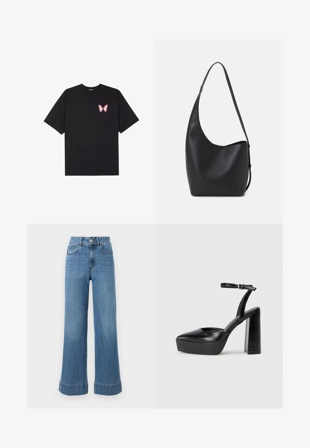 Melna kokvilnas T-krekls ar īsām piedurknēm, kuram priekšā kreisajā pusē ir neliels rozā tauriņa grafiskais attēls. Ar apaļu kaklu un brīvā stila piegriezumu.; Augsto jostasvietu gaiši zilu džinsu bikses ar platām kājām, ar dekoratīviem kniedēm jostasvietā un apakšmalu ar smalku šuvju detaļu.; Melnas platformas papēžs ar norādītu purngala formu un regulējamu potītes siksniņu. Izgatavotas no gludas ādas, ar masīvu bloku papēdi.; Melnas ādas hobo soma ar gludu tekstūru, izliekta forma un vienu regulējamu jostu; augšā ir plaša atvere.