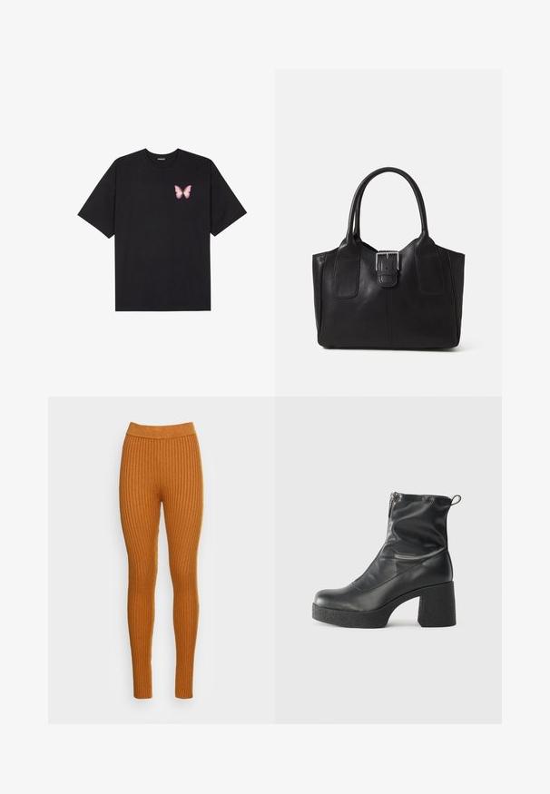 Black cotton t-shirt with short sleeves, featuring a small pink butterfly graphic on the left chest. Crew neck design with a relaxed fit.; Ribbed leggings in a warm orange hue, featuring a high waistband. Made from a soft fabric with vertical texture, offering a snug fit.; Black ankle boots made of smooth leather, featuring a side zipper, chunky textured heel, and rounded toe design.; Black leather tote bag with smooth texture, structured shape, two handles, and a prominent silver buckle detail on the front.