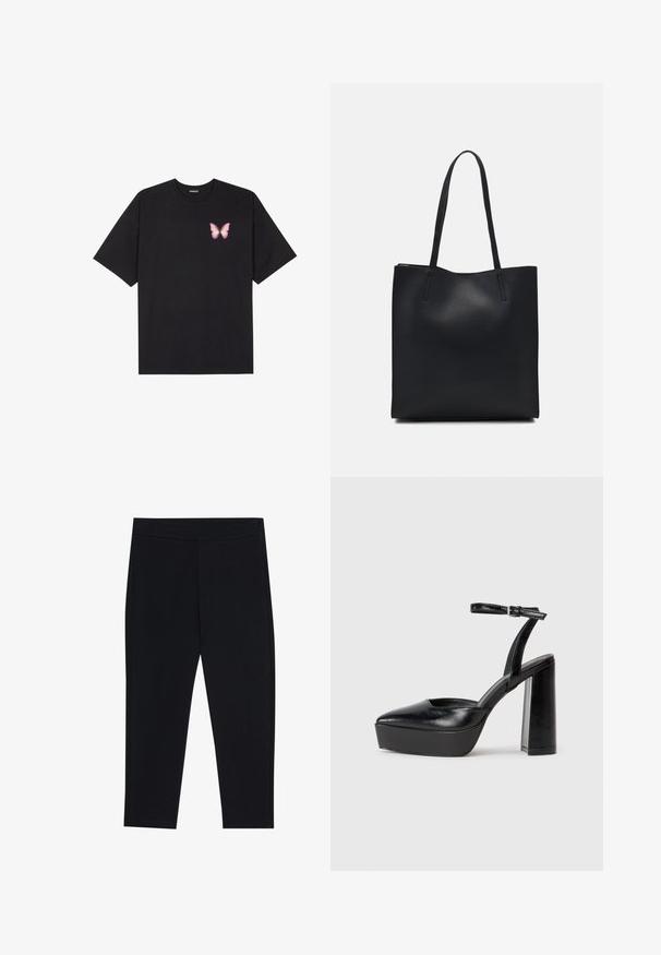 T-shirt de algodão preto com mangas curtas, apresentando um pequeno gráfico de borboleta rosa no lado esquerdo do peito. Design de gola redonda com um corte solto.; Leggings pretas feitos de um tecido elástico, apresentando uma banda elástica na cintura e uma textura suave. Sem padrões visíveis ou detalhes em metal.; Saltos altos pretos com bico fino e atilho ajustável no tornozelo. Confeccionados em couro suave, apresentam um salto bloco robusto.; Bolsa tote preta em couro com textura lisa, forma retangular e duas alças longas. Sem hardware ou enfeites visíveis.