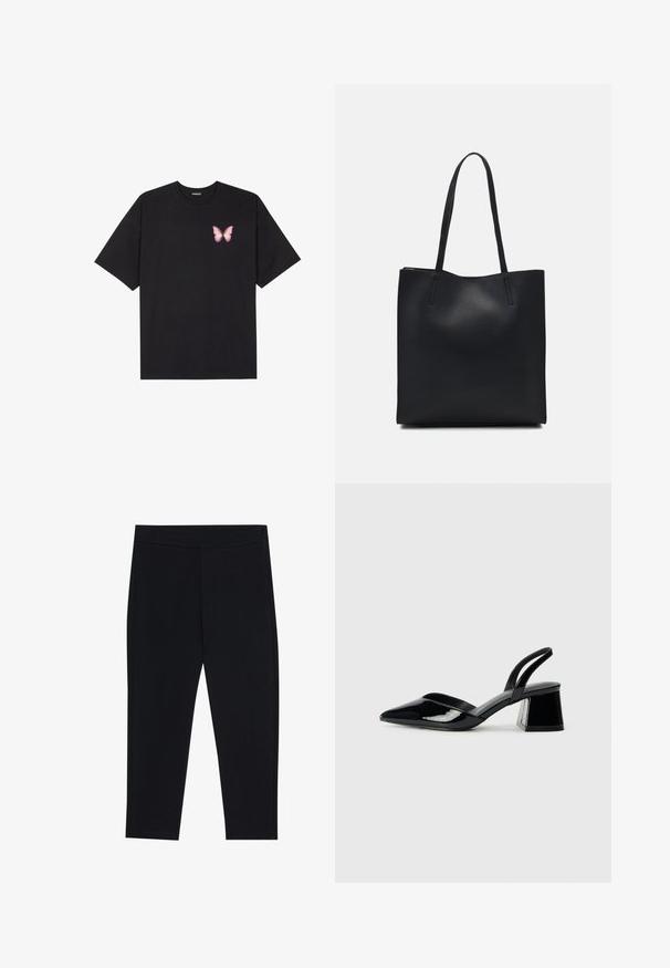Zwarte katoenen t-shirt met korte mouwen, voorzien van een kleine roze vlinder graphic op de linkerkant van de borst. Crew neck ontwerp met een relaxte fit.; Zwarte leggings van rekbaar materiaal, met een elastische tailleband en een gladde textuur. Geen zichtbare patronen of hardware-details.; Zwarte gepatineerde leren slingback hakken met een spitse neus en een geometrische blokhak. Kenmerkt zich door een slank, minimalistisch ontwerp en een gladde textuur.; Zwarte leren handtas met een gladde textuur, rechthoekige vorm en twee lange handvaten. Geen zichtbare hardware of versieringen.