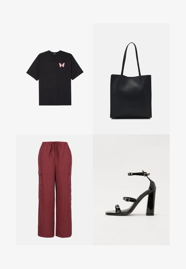 Black cotton t-shirt with short sleeves, featuring a small pink butterfly graphic on the left chest. Crew neck design with a relaxed fit.; Burgundy cargo pants made of lightweight fabric featuring a drawstring waist, wide legs, and two side cargo pockets.; Black patent high-heeled sandals with two buckle straps, square toe, and a chunky block heel, featuring a smooth, glossy texture.; Black leather tote bag with smooth texture, rectangular shape, and two long handles. No visible hardware or embellishments.
