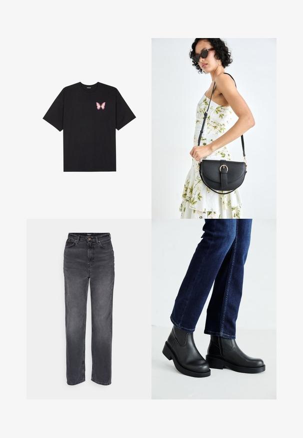 Juodas medvilnės marškinėliai trumpomis rankovėmis, su maža rožine drugelio grafika kairėje krūtinės pusėje. Apvalus kaklo iškirpimas, laisvas kirpimas.; Aukšto juosmens, tiesių kojų džinsai tamsiai pilkame džinsiniame audinyje. Yra mygtuko uždarymas ir klasikinis penkių kišenių dizainas su subtiliu išblukimu.; Juoda odinė kulkšninių botų su storu padu ir šoninėmis elastinėmis detalėmis, derinama su tamsiai mėlynomis džinsais. Žemė šviesios spalvos.; Juodas odinis krepšys su išlenkta forma, nuimamu dirželiu ir auksiniais detalėmis. Krepšys turi kilpą su sagtimi.