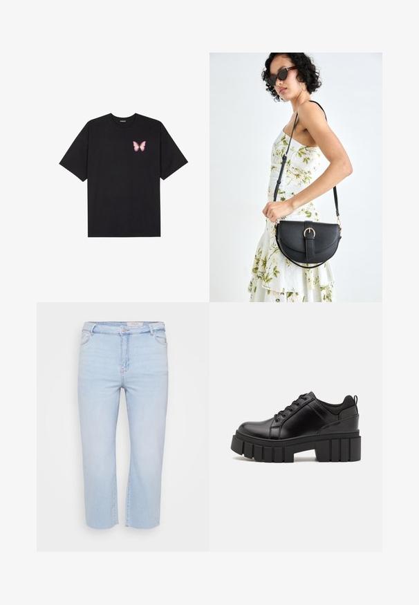 Melna kokvilnas T-krekls ar īsām piedurknēm, kuram priekšā kreisajā pusē ir neliels rozā tauriņa grafiskais attēls. Ar apaļu kaklu un brīvā stila piegriezumu.; Gaiši zilas, īsas denim bikses ar augstu jostasvietu, saplēstiem galiem un klasisko piecu kabatu dizainu. Izgatavotas no mīksta, elastīga materiāla.; Melnas ādas platformas kurpes ar masīvu bloku papēdi, apaļu purngalu un tradicionālu saistīšanas dizainu. Izceļas ar gludu tekstūru un minimālu apdari.; Melnas ādas rokassoma ar izliekta formu, noņemamu siksnu un zelta aksesuāriem. Somai ir vāciņš ar sprādzes detaļu.