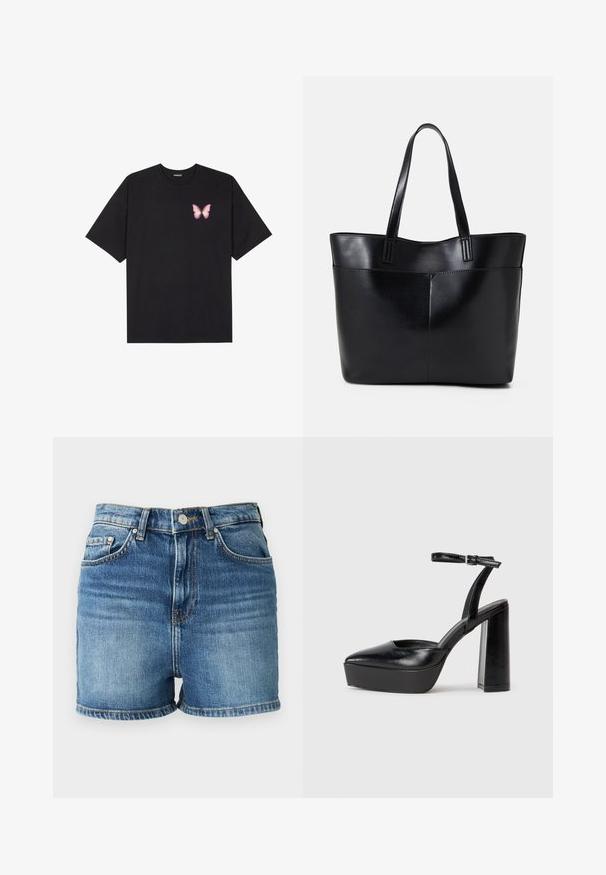 Juodas medvilnės marškinėliai trumpomis rankovėmis, su maža rožine drugelio grafika kairėje krūtinės pusėje. Apvalus kaklo iškirpimas, laisvas kirpimas.; Šviesiai mėlyni džinsiniai šortai, su aukštu liemeniu, penkiais kišenėmis ir šiek tiek nuskustais kraštais. Pagaminti iš medvilnės su lygiapaveiklė. ; Juodi platforminiai aukšti kulniukai su smailiu kojų pirštu ir reguliuojamu kulkšnies dirželiu. Pagaminti iš lygaus odos, turi masyvų blokinį kulną.; Juoda odinė rankinė su dviem ilgais diržais, lygiu paviršiumi ir struktūrizuota forma. Yra priekinė kišenė papildomam saugojimui.