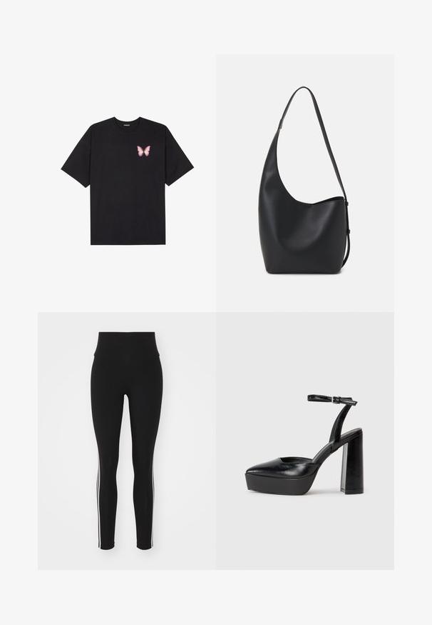T-shirt de algodão preto com mangas curtas, apresentando um pequeno gráfico de borboleta rosa no lado esquerdo do peito. Design de gola redonda com um corte solto.; Leggings atléticos pretos com cintura alta, apresentando riscas brancas laterais, textura suave e um design ajustado adequado para vestuário ativo.; Saltos altos pretos com bico fino e atilho ajustável no tornozelo. Confeccionados em couro suave, apresentam um salto bloco robusto.; Saco hobo preto em pele com uma textura lisa, forma curva e uma única alça ajustável; apresenta uma abertura larga na parte de cima.