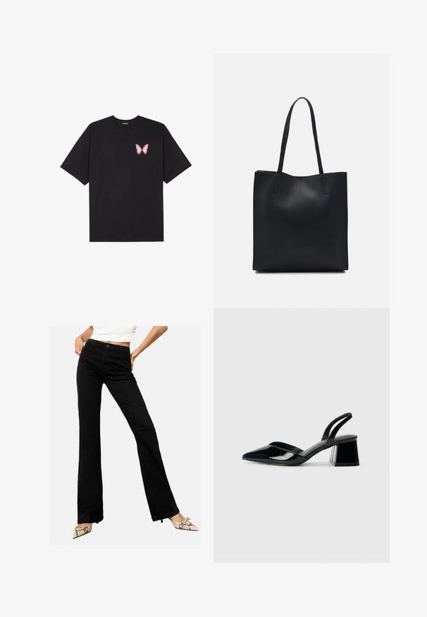 Fekete pamut póló rövid ujjakkal, bal mellkason egy kis rózsaszín pillangó grafikával. Kerek nyakú kialakítás, laza fazonnal.; Fekete, bővülő farmernadrág, elöl gombos zárással és öt zsebes kialakítással, semleges háttér előtt bemutatva.; Fekete lakk bőr szandálkés magas sarkú cipő, hegyes orral és geometrikus tömbsarkakkal. Karcsú, minimalista dizájn és sima textúra jellemzi.; Fekete bőrtáska sima felszínnel, téglalap alakú, két hosszú füllel. Nincs látható fémkiegészítő vagy díszítés.