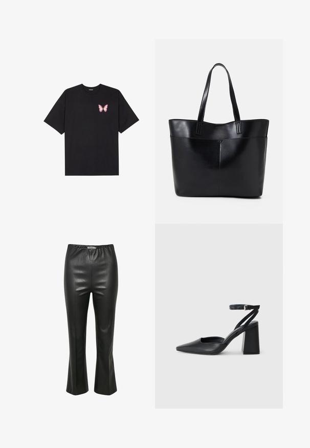 Zwarte katoenen t-shirt met korte mouwen, voorzien van een kleine roze vlinder graphic op de linkerkant van de borst. Crew neck ontwerp met een relaxte fit.; Zwarte neplederen broek met een gladde textuur, elastische tailleband en uitlopende zoom, met verticale naaddetails.; Zwarte leren puntige pump met een enkelbandje en een chunky hak. Vlakke textuur, strakke vormgeving en minimalistische esthetiek.; Zwarte leren tote bag met twee lange handvatten, een zachte textuur en een gestructureerde vorm. Voorzien van een voorvak voor extra opslagruimte.