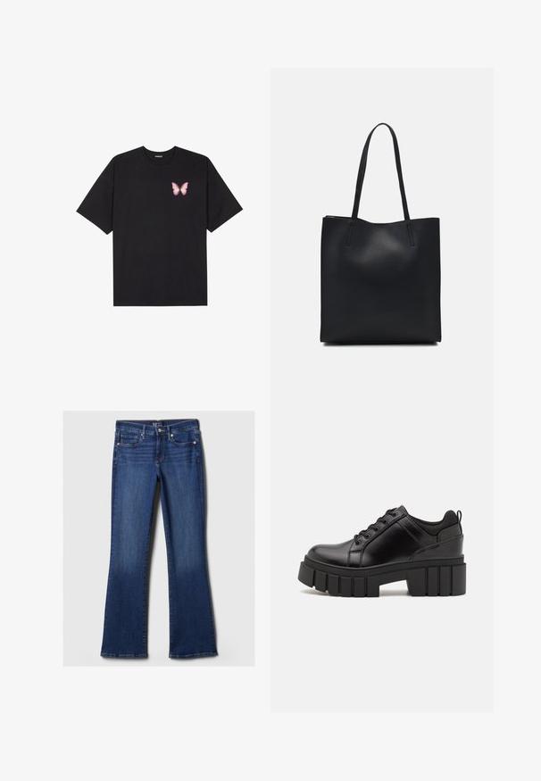 Black cotton t-shirt with short sleeves, featuring a small pink butterfly graphic on the left chest. Crew neck design with a relaxed fit.; Dark blue denim flared jeans with five pockets, a button fly, and stitching detail along the waistband and pockets. Smooth texture.; Black leather platform shoes with a chunky block heel, round toe, and traditional lace-up design. Features smooth texture and minimal detailing.; Black leather tote bag with smooth texture, rectangular shape, and two long handles. No visible hardware or embellishments.