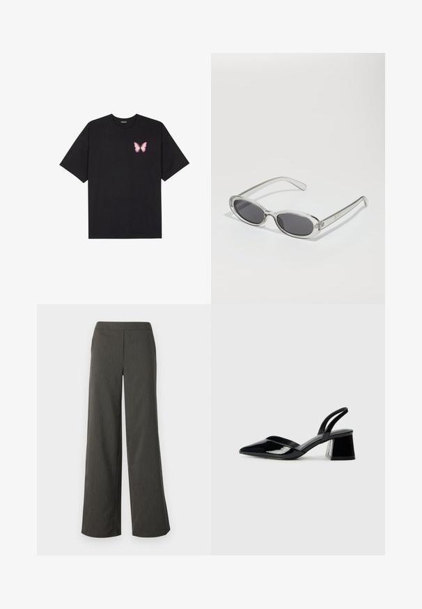 Must muströöpidega must puuvillane T-särk, vasakul rinnal on väike roosa liblikas. Ümar kaelus ja vabalt istuv lõige.; Tumed hallid laiad püksid, millel on vertikaalsed triibud, sujuva tekstuuriga ja mugavaks kandmiseks elastne vöökoht.; Mustad musta lakknahk kingad, millel on terav varvas ja geomeetriline plokkkonts. Omab elegantselt minimalistlikku disaini ja sujuvat tekstuuri.; Ovaalsed prillid, millel on selge plastraam, tumehallid läätsed ja õhukesed läbipaistvad sangad, kus on logode aktsendid ja minimaalne detailirohkus.; Mustmust mustraha kõverate joontega, eemaldatava rihmaga ja kuldsete detailidega. Kotil on klapp, millel on pandladetail.