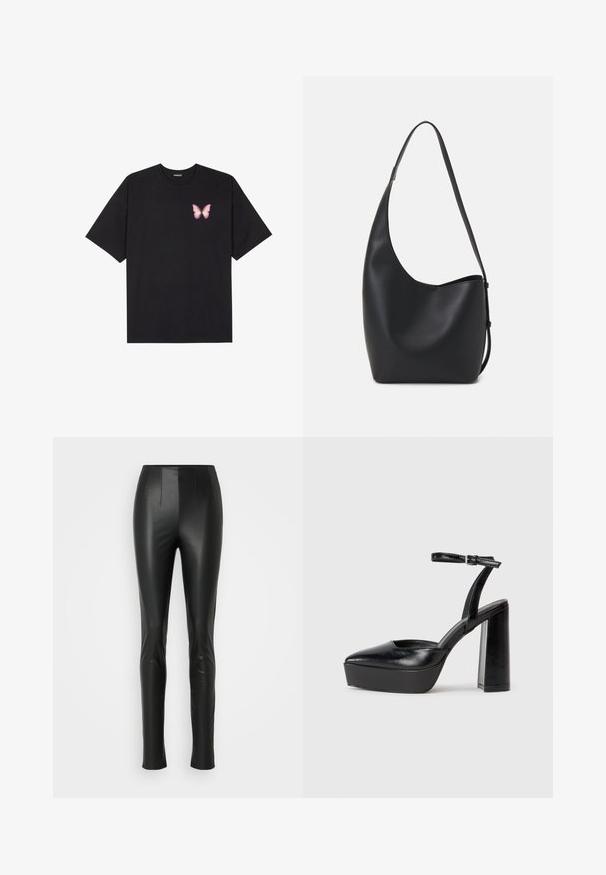 Black cotton t-shirt with short sleeves, featuring a small pink butterfly graphic on the left chest. Crew neck design with a relaxed fit.; Black faux leather pants with a slim fit, featuring two vertical front seams and a smooth texture, ending above the ankle.; Black platform heels with a pointed toe and adjustable ankle strap. Constructed from smooth leather, featuring a chunky block heel.; Black leather hobo bag with a smooth texture, curved shape, and single adjustable strap; features a wide opening at the top.