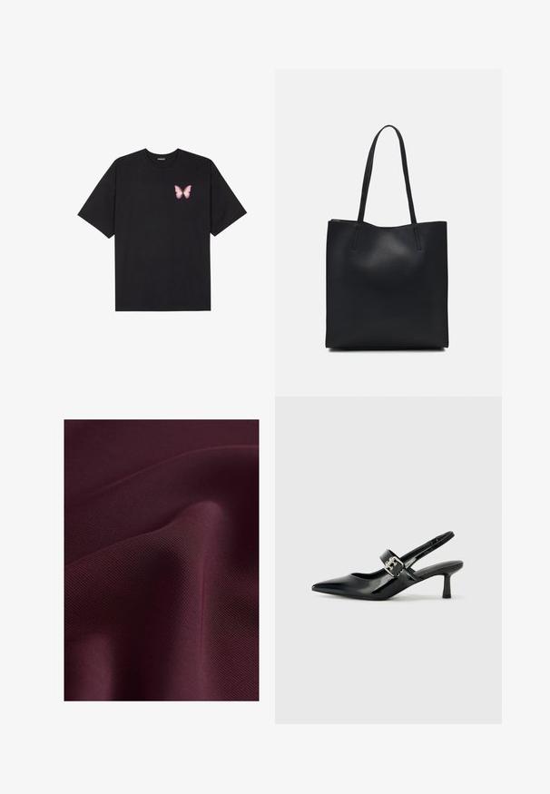 T-shirt en coton noir à manches courtes, avec un petit graphique de papillon rose sur la poitrine gauche. Modèle à col rond avec une coupe décontractée.; Next ELASTICATED BACK WIDE REGULAR FIT - Pantalon classique - burgundy red; Escarpins slingback en cuir verni noir avec un bout pointu et un petit talon bloc, mettant en avant un accent en boucle argentée sur la sangle.; Sac fourre-tout en cuir noir avec une texture lisse, de forme rectangulaire et deux longues poignées. Pas de matériel ou d'ornementations visibles.