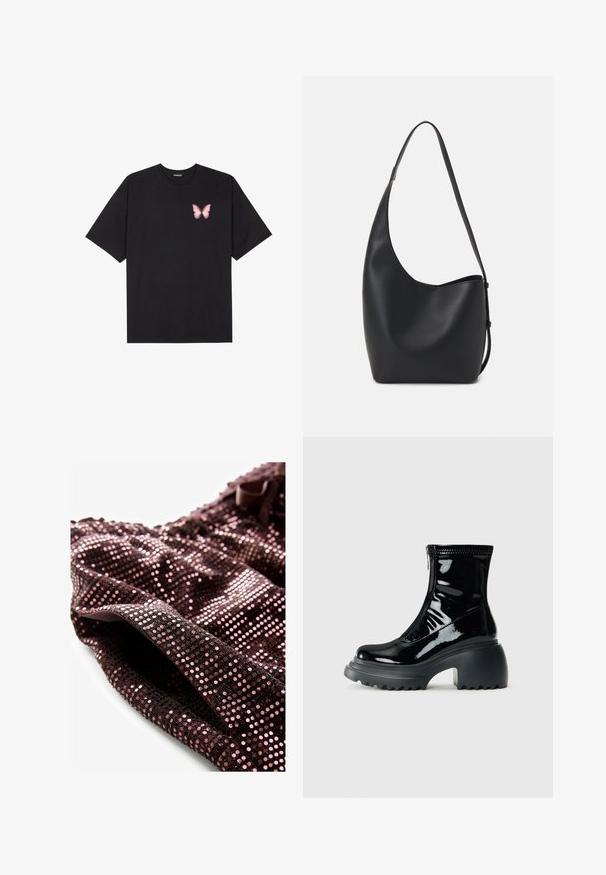 Crna pamučna majica s kratkim rukavima, s malim grafičkim prikazom ružičaste vjetricaste s desne strane na prsima. Dizajn s okruglim izrezom i opuštenim krojem.; Top s šljokicama s teksturiranom površinom, s tamnoljubičastom tkaninom ukrašenom ružičastim šljokicama i detaljem od vrpce na izrezu.; Sjajna crna platforma čizma do gležnja s zaobljenim vrhom, debelim potplatom, zatvaranjem na zip i debelim rebrastim potplatom na bijeloj pozadini.; Crna kožna hobo torba s glatkom teksturom, zakrivljenim oblikom i jednom podesivom trakicom; ima širok otvor na vrhu.