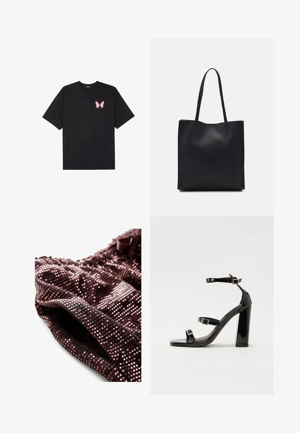 Schwarzes Baumwoll-T-Shirt mit kurzen Ärmeln, das ein kleines pinkes Schmetterlingsmotiv auf der linken Brust zeigt. Crewneck-Design mit einem entspannten Schnitt.; Paillettenoberteil mit strukturierter Oberfläche, aus dunkel-lila Stoff, der mit rosa Pailletten verziert ist, und einem Banddetail am Ausschnitt.; Schwarze patentierte Sandalen mit Absatz, quadratischer Spitze, Knöchelriemen und silbernen Schnallen. Mit einem stabilen Blockabsatz für mehr Stabilität.; Schwarze Laptoptasche aus Leder mit glatter Textur, rechteckiger Form und zwei langen Griffen. Keine sichtbaren Beschläge oder Verzierungen.