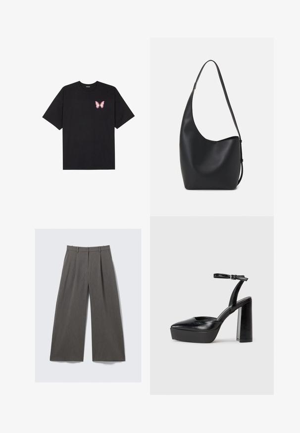 Fekete pamut póló rövid ujjakkal, bal mellkason egy kis rózsaszín pillangó grafikával. Kerek nyakú kialakítás, laza fazonnal.; Szürke, csíkos, bő szárú nadrág övhurkokkal és pliszírozással, sík felületen, fehér háttér előtt.; Fekete platform magassarkú cipők hegyes orral és állítható bokapánttal. Sima bőrből készült, vastag talppal.; Fekete bőr hobo táska sima textúrával, ívelt formával és egyetlen állítható pánttal; széles nyílás található a tetején.