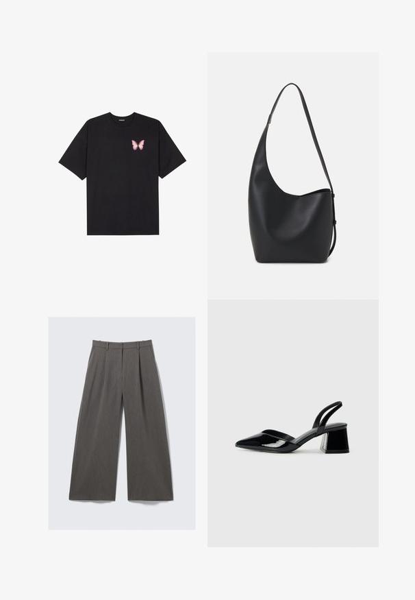 Fekete pamut póló rövid ujjakkal, bal mellkason egy kis rózsaszín pillangó grafikával. Kerek nyakú kialakítás, laza fazonnal.; Szürke, csíkos, bő szárú nadrág övhurkokkal és pliszírozással, sík felületen, fehér háttér előtt.; Fekete lakk bőr szandálkés magas sarkú cipő, hegyes orral és geometrikus tömbsarkakkal. Karcsú, minimalista dizájn és sima textúra jellemzi.; Fekete bőr hobo táska sima textúrával, ívelt formával és egyetlen állítható pánttal; széles nyílás található a tetején.