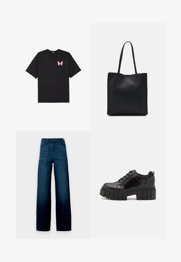 Svart bomullströja med korta ärmar, med en liten rosa fjärilsgrafik på vänster bröst. Rundad halsdesign med en avslappnad passform.; Vidje jeans i blå denim med hög midja, två framfickor och en slät textur med en mörk tvätt.; Svarta läderplattformsskor med en kraftig blockklack, rund tå och traditionell snörningsdesign. Har en slät textur och minimal detaljering.; Svart lädertoffelväska med slät textur, rektangulär form och två långa handtag. Ingen synlig hårdvara eller dekorationer.